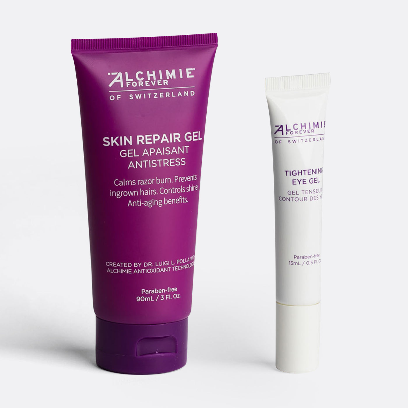 Skin Repair Gel by Alchimie Forever, perfect for post-shaving with anti-inflammatory rosemary and turmeric.  Tightening Eye Gel by Alchimie Forever, formulated with organic apple stem cells to reduce puffiness and refresh tired eyes.