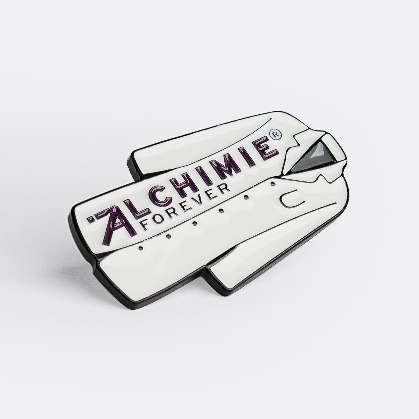 Our brand new white Alchimie Forever lab coat pin.