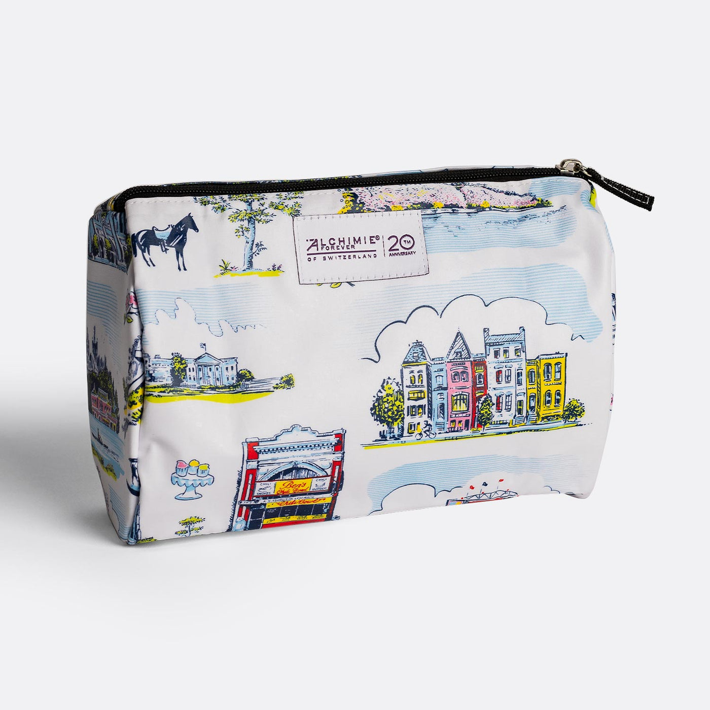 Alchimie Forever x Scout Limited Edition Beauty Bag. White background with iconic Washington, DC landmarks.